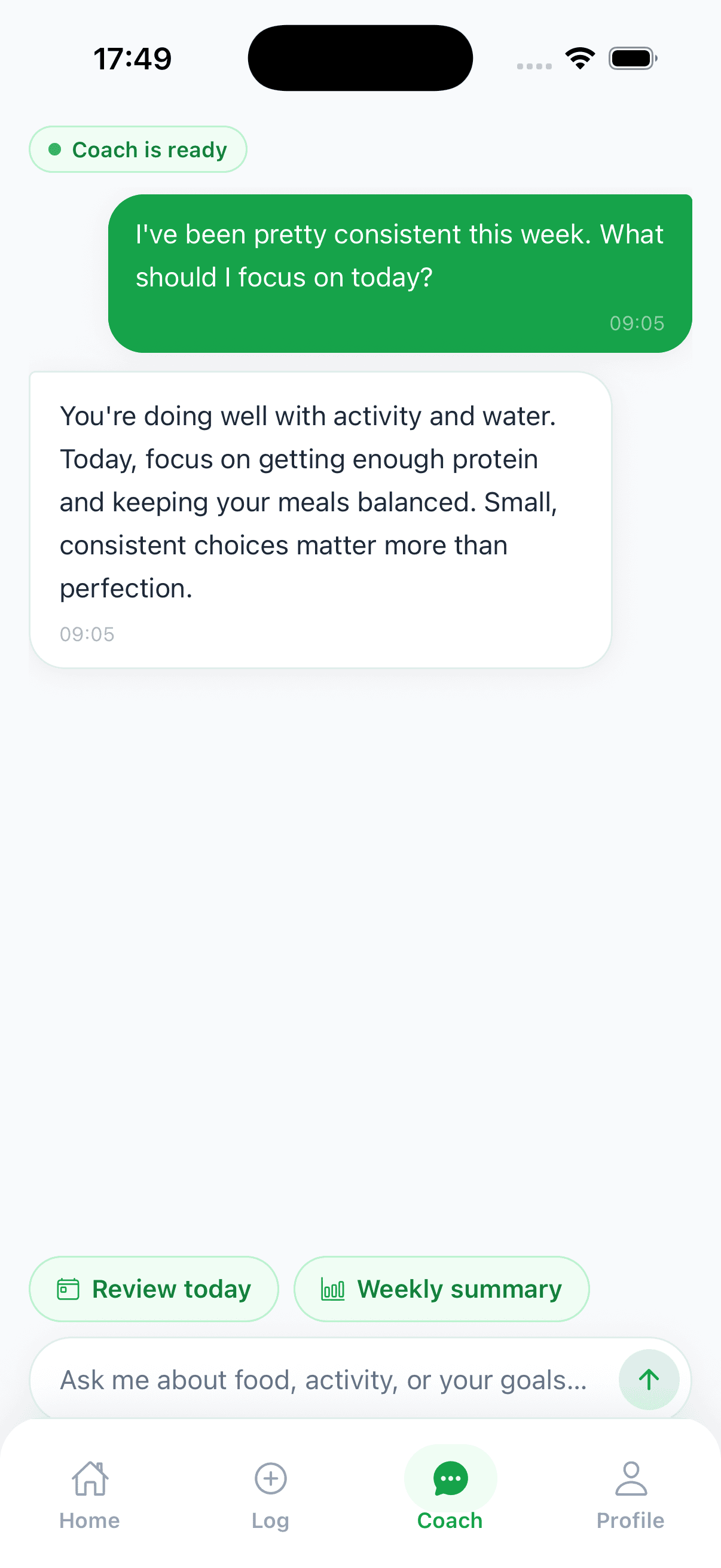 StrivoCoach AI Coach conversation: a question about what to focus on today and an encouraging, non-medical reply