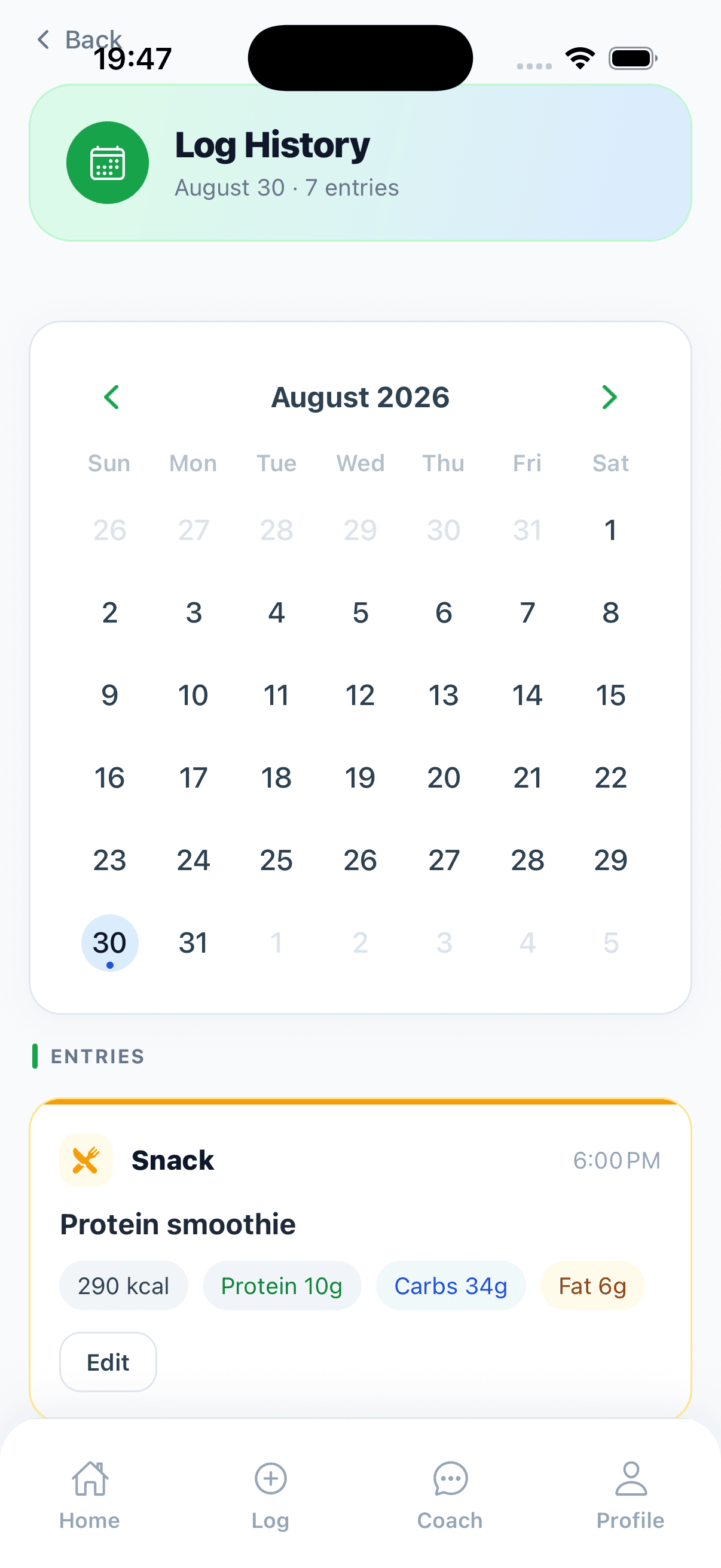 StrivoCoach Log History screen: a monthly calendar with the selected day, and the entries logged that day shown by meal