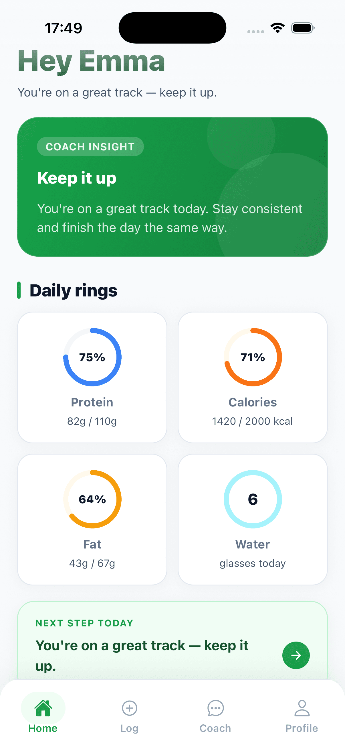 StrivoCoach Home screen: greeting for Emma, a coach insight, and daily rings for protein, calories, fat and water