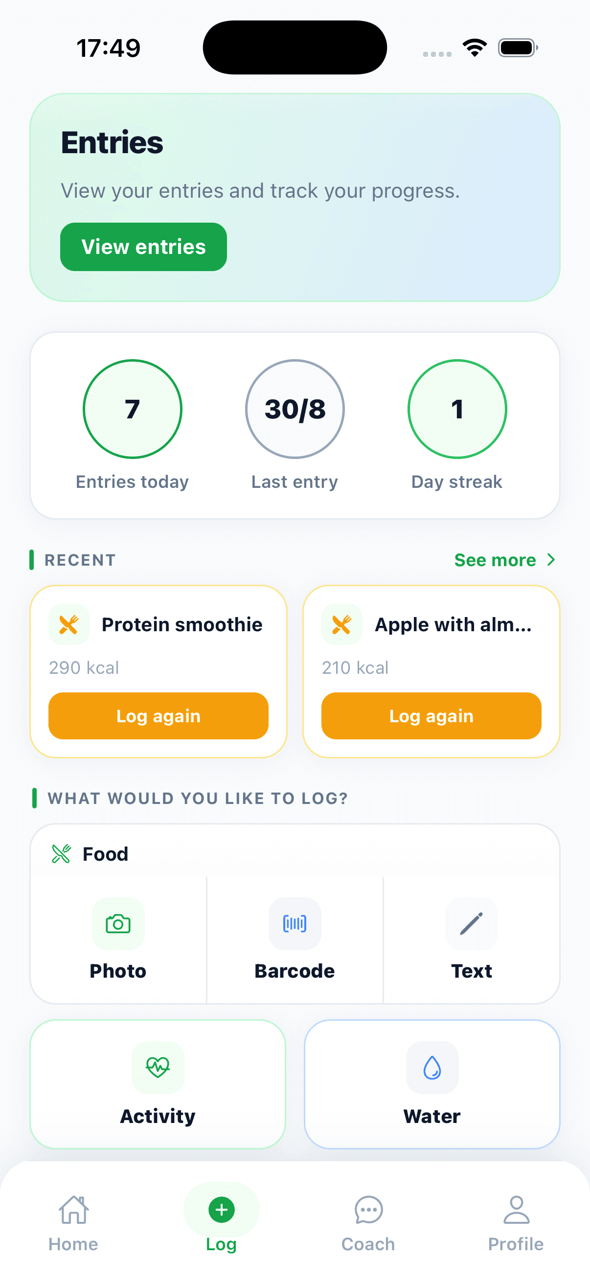 StrivoCoach Log screen: recent entries and options to log food by photo, barcode or text, plus activity and water