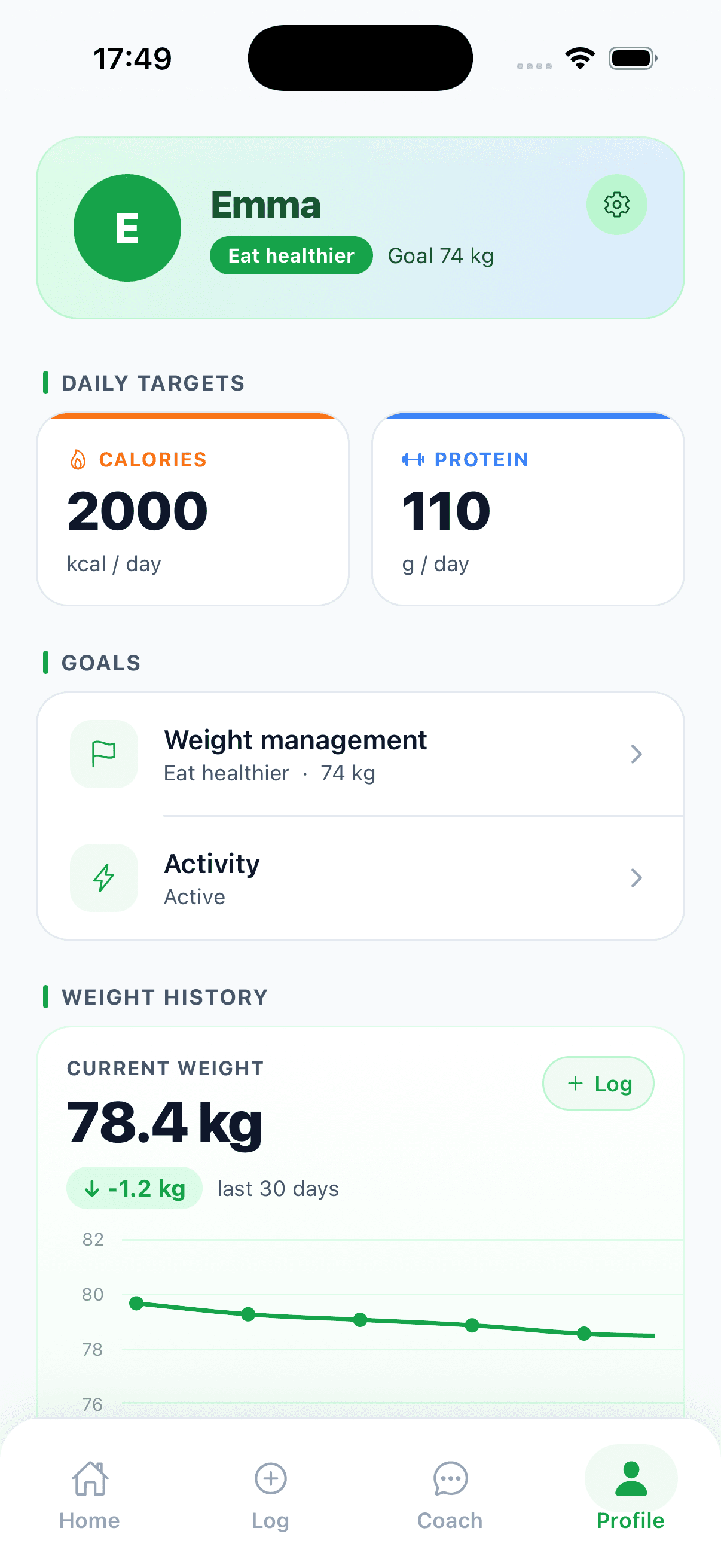StrivoCoach profile screen: Emma's goal, daily calorie and protein targets, a goals list, and a weight-history trend chart